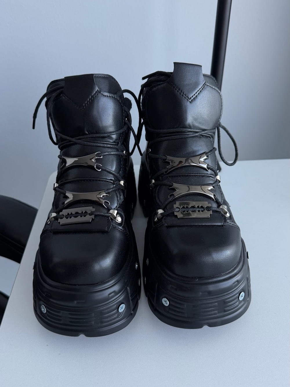 New Rock (not original) Black Platform Lace-Up Boots with Metal Accent